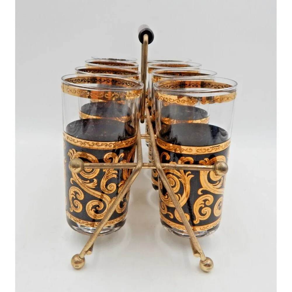 Culver Toledo Ebony Glassware Baroque Set 8 Highball Gold Black Tall Tumbler